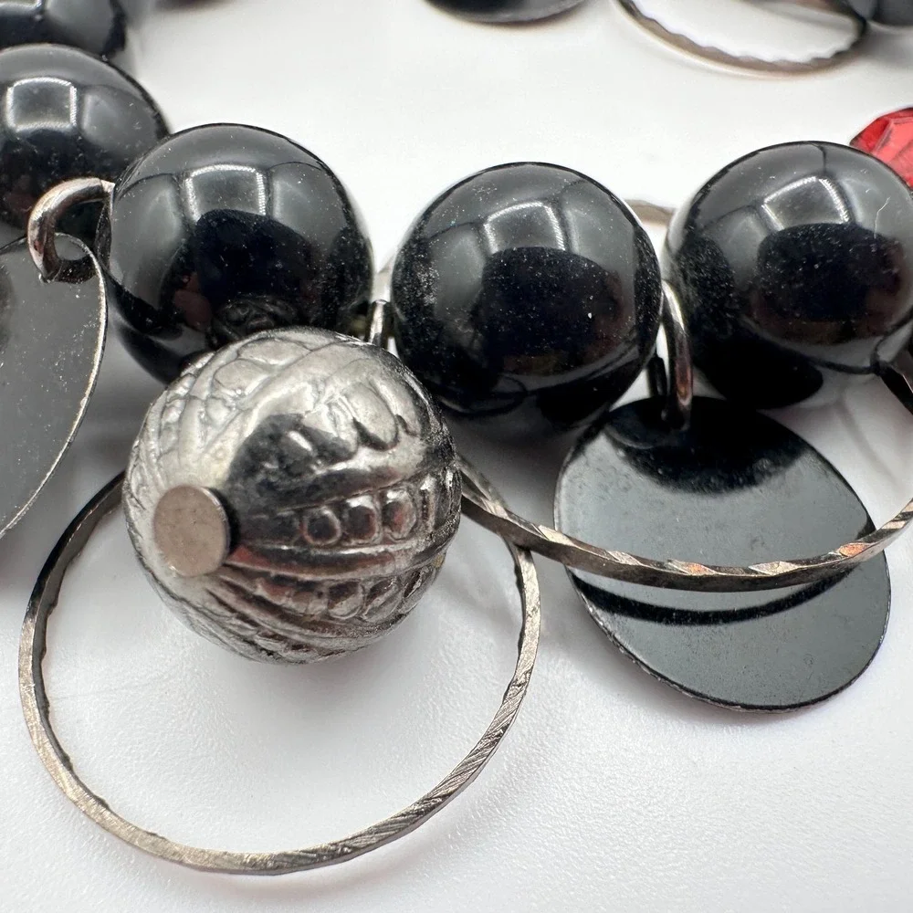 Vintage 90s Silver Tone Black Beaded Charm Bracelet Women's Jewelry